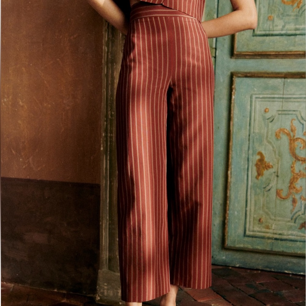 Sezane Striped Ankle Pants in Rust and White